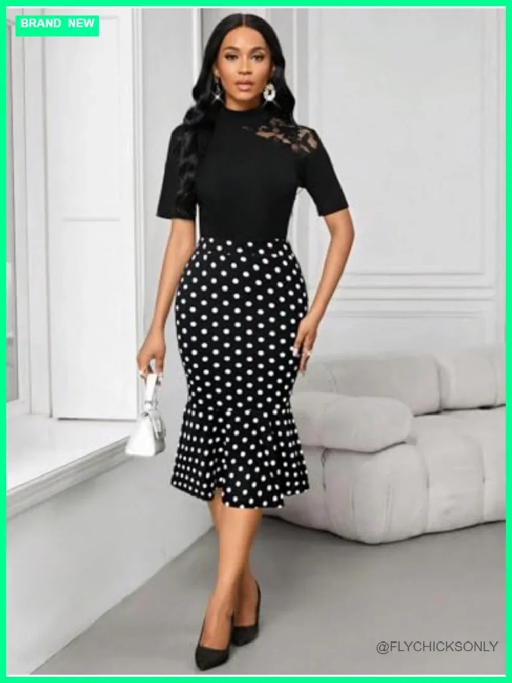 Women's Polka Dot Mermaid High Waist Bodycon Pencil Skirt Below Knee Knit